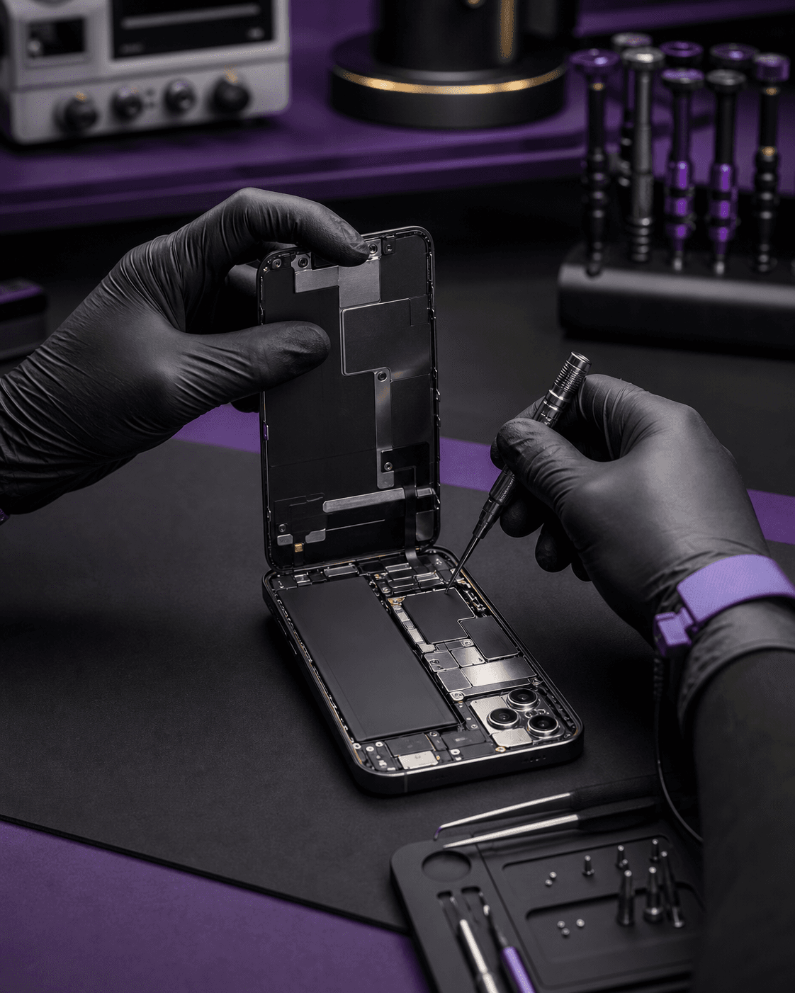 Técnico realizando uma manutenção cuidadosa em um iPhone aberto