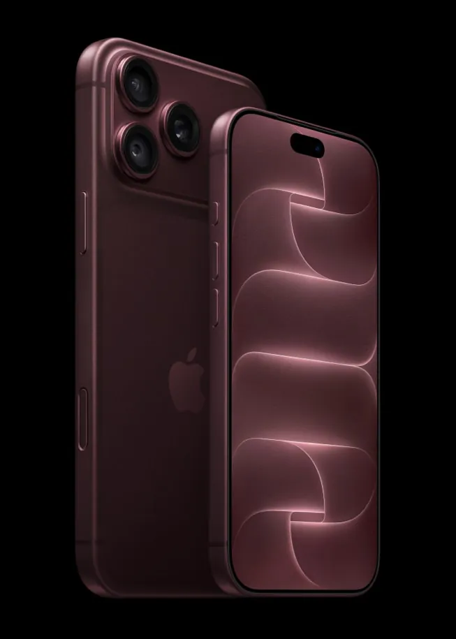 iPhone 18 Pro em acabamento bordô, visto de frente e de costas